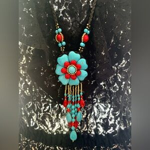 Turquoise and Red Floral Beaded Necklace